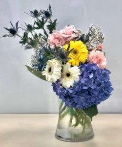 Send your special recipient this beautiful bouquet of fluffy blue hydrangeas with gerber daisies, babies breath, and blue thistle.