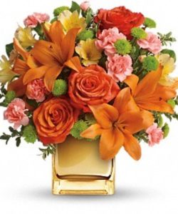 Soft orange roses, asiatic lilies and miniature carnations are arranged with yellow alstroemeria and green button spray chrysanthemums. Delicate oregonia and pittosporum add contrast. Delivered in a Mirrored Cube. Approximately 12" W x 11 1/2" H
